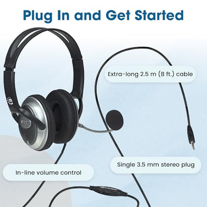 MANHATTAN Wired Stereo Headset with Mic, 3.5 mm Plug, 8 ft Cable | Over-ear fit with padded earcups, adjustable band and boom, pop-noise reduction, 32-ohm audio for calls and gaming
