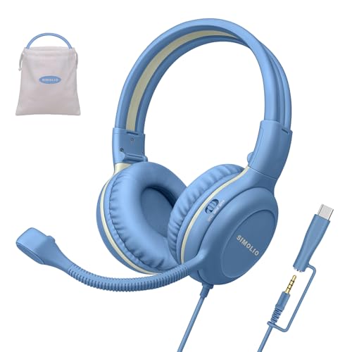 SIMOLIO-USB-C-Headphones Wired-Kids for-School w/Swivel HD Boom-Microphone | Durable Over Ear Headset with 75/85/94dB Volume Limit,Mute Button,Bag for Travel,Airplane,Boys,Toddler,iPad,iPhone,Smartphone - color: Carolina Blue USB C & 3.5mm