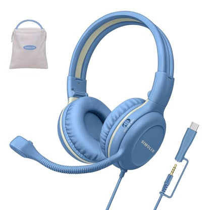 SIMOLIO-USB-C-Headphones Wired-Kids for-School w/Swivel HD Boom-Microphone | Durable Over Ear Headset with 75/85/94dB Volume Limit,Mute Button,Bag for Travel,Airplane,Boys,Toddler,iPad,iPhone,Smartphone - color: Carolina Blue USB C & 3.5mm