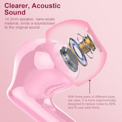 Btootos Wireless Earbuds Bluetooth 5.4 Headphones Bass Stereo Ear Buds with Noise Cancelling Mic LED Display in Ear Earphones IP7 Waterproof 36H Playtime for Laptop Pad Phones Sports Workout Pink | Ear Buds with Noise Cancelling Mic LED Display, 36H, IP7