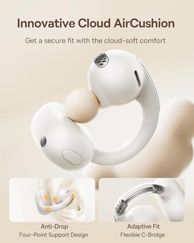 Baseus Bowie MC1 Open Ear Clip-On Earbuds, Adaptive Comfort with Anti-Drop Design, Impactful Sound with Adaptive Bass Boost, Adaptive Noise Cancelling Calls, IP57 Waterproof, 40H Playtime, Lightweight - color: White