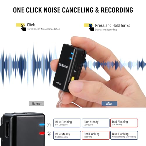 NEEWER CM28 Wireless Lavalier Microphone System, 1 Click Noise Canceling, 4GB Storage for 9Hrs of 48KHz 16 Bit Uncompressed Audio, Lapel Mic Compatible with iPhone/Android/PC/Camera/iPad - style: CM28