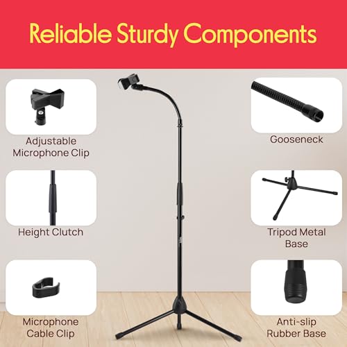 Pyle Tripod Mic Stand, Adjustable Gooseneck Microphone Stand, Sturdy Build, Non-Slip Rubber Feet, Folds Flat for Compact Storage, Includes Mic Clip & 5/8" Adapter, 52.36" to 79.13" Inch