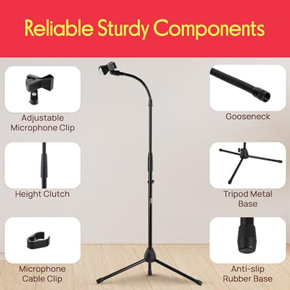 Pyle Tripod Mic Stand, Adjustable Gooseneck Microphone Stand, Sturdy Build, Non-Slip Rubber Feet, Folds Flat for Compact Storage, Includes Mic Clip & 5/8" Adapter, 52.36" to 79.13" Inch