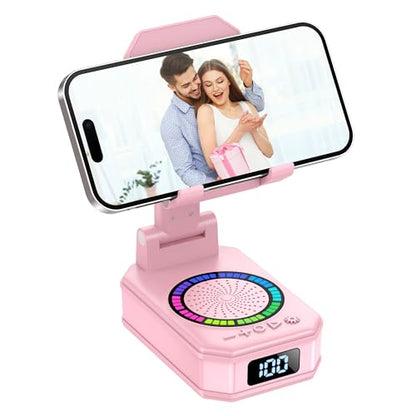 Gifts for Women, Phone Stand with Wireless Bluetooth Speaker and Anti-Slip Base, Gadgets for Anniversary Idea Gift, Phone Charger Stand with LED Lights, Kitchen Gadget Compatible with IOS Android - color: Light Pink