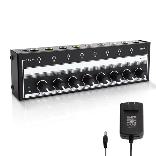 HERCHR Headphone Amplifier 8 Channel Metal Stereo Audio Amplifier, 100 to 240V Portable Headphone Amp with Power Adapter for Studio and Stage
