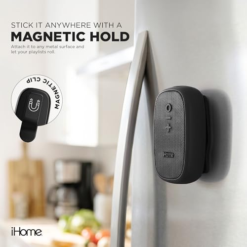 iHome Nano Clip-On Wireless Bluetooth Speaker with Magnetic Clip | Bluetooth 5.3, IPX6 Water-Resistant, Touch Controls, 5W, 2.5-hr Playtime, Charging Cable Included, Rechargeable Battery - color: Black
