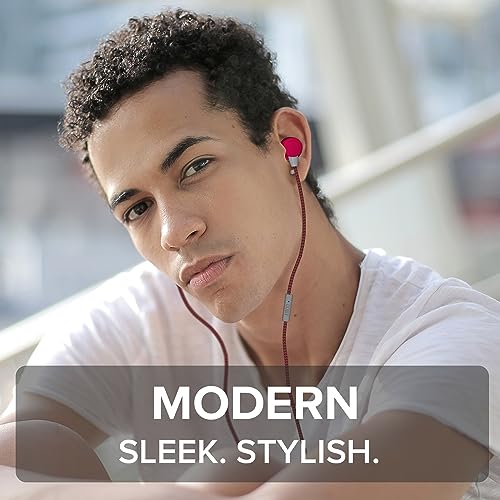 COBY Noise Isolating Metal Wired Earbuds| Wired Headphones w/Tangle Free Braided Wire |Built-in Microphone for Ear Buds| Noise Canceling Headphones w/ 3.5mm AUX| S/M/L Comfort Ear Gels| Red - color: Red