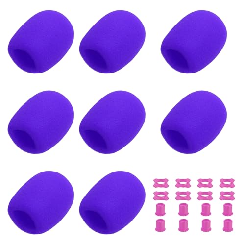MECCANIXITY 8 Set Microphone Cover Foam Mic Cover, with 1.34" Mic Protection Silicone Ring and Anti Rolling Bottom Sleeve Holder for Karaoke DJ Concert Theater, Purple - color: Purple, size: 1.34"