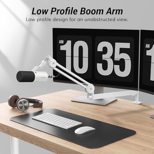 Tonor Mic Arm Desk Mount, Low Profile Boom Arm, Microphone Arm, Adjustable Mic Stand with Desk Mount Clamp, 3/8’’ and 5/8’’ Screwadapter for Most Mic, 37 cm +37 cm(14.6''+14.6''), White, T40LP - color: White, style: Invisible Spring