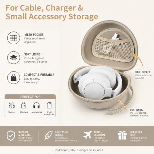 Comecase Headphone Case Compatible with JBL Tune 720BT 770NC, Khaki | Hard Shell Travel Storage for Foldable Over-Ear Headphones, with Mesh Pocket for Cables. Case Only, Headphones Not Included - color: Khaki