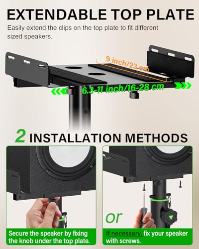 Vondynote Dual Side Clamp Desktop Studio Monitor Stands Against The Wall | Set of 2, 9"-14" Height Adjustable, Extendable Top Plate Mounted by Screws, Desktop Clamp