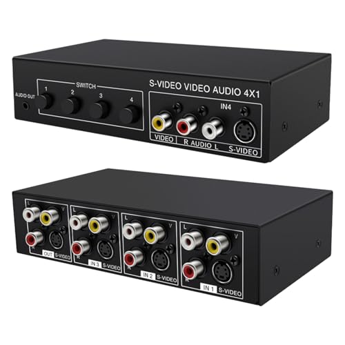 4 Way Av Switcher RCA Selector, 4x1 Composite Video & S-Video Switch Box with Stereo, Manual Push Button Source Selector for Tv DVD Stb Gaming Console,6.41"x3.42"x1.53"