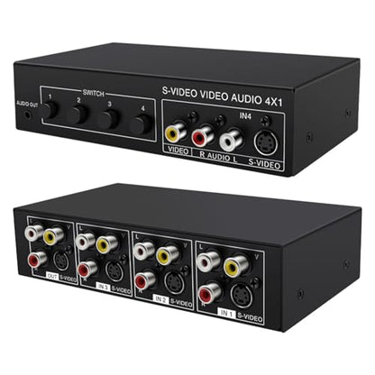 4 Way Av Switcher RCA Selector, 4x1 Composite Video & S-Video Switch Box with Stereo, Manual Push Button Source Selector for Tv DVD Stb Gaming Console,6.41"x3.42"x1.53"