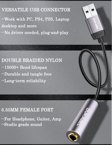 DUKABEL USB to 1/4 Headphone Adapter for Audio Transmission -30CM | USB to 6.35mm, Audio Transmission, No Recording, for Laptop, PC, Amplifiers, Mixers, 6.35mm Headphones - size: 30CM, style: USB A Male to 6.35mm Female