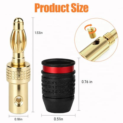 2Pcs Gold Plated Banana Plugs, Speaker Wire Connectors, Easy Installation, Quick Connect for Audio Video Amplifiers and Speaker Cables, Red & Blue