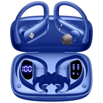 bmani Ear Buds Wireless Earbuds Bluetooth Headphones with 80H Playtime LED Display Case, Over-Ear Hook with Mic, Stereo Sound, Easy Button Controls, Sports Earphones for Running Workout Gym Blue - color: Blue, style: Standard