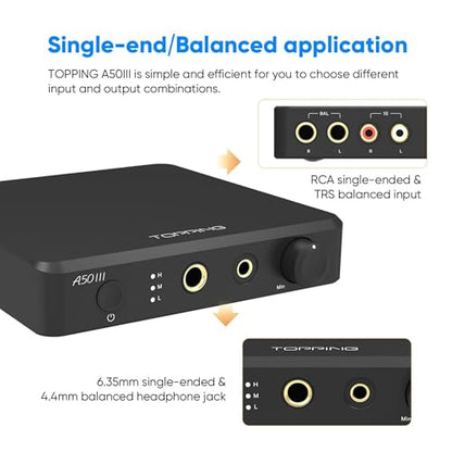 Topping A50 III NFCA Headphone Amplifier, 3500mW x 3500mW Home Audio Headphone Amp, RCA/TRS to 4.4mm/6.35mm Earphone Output with 3 Gain Settings 12V Trigger for IEM, Silver - color: Silver