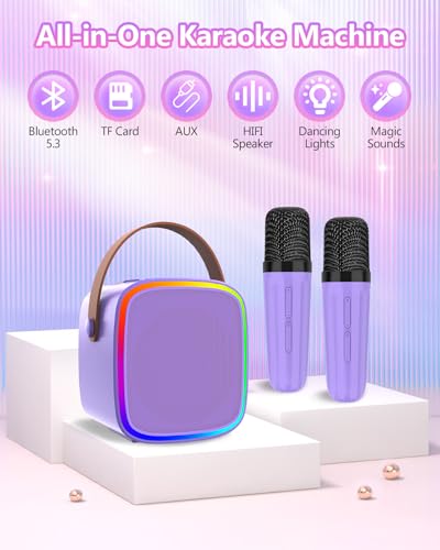 Mini Karaoke Machine with 2 Wireless Microphones Kids Toys | Portable Bluetooth Speaker for Kids Adults Toddler, Christmas Girls Toys for 4 5 6 7 8 9 10 12 Year Old Birthday Gift Ideas - color: Purple