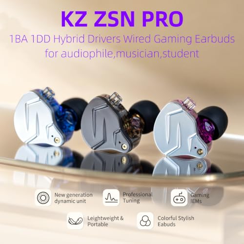 KZ ZSN Pro in Ear Monitor Headphones, 1BA 1DD Hybrid Driver Wired Gaming Earbuds, Deep Bass Sound Wired Ear Buds, HiFi IEM for Gaming Music Video Calling Singer Musician Drummer DJ (with mic, Purple) - color: Purple, style: with mic