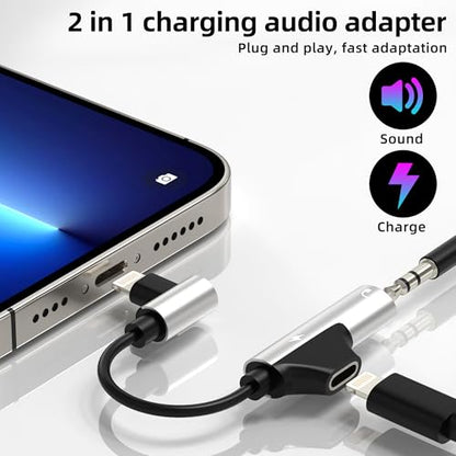 for iPhone Aux Adapter for 14 13 Pro Max Lightning to 3.5mm Headphone Jack (2in1) for Apple Mfi Certified Audio Charger Dual Accessories Charging Dongle Stereo Earphone Power Cable Tablet Converter