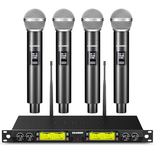 Wireless Microphones System, 4 Channel UHF Wireless Mics,with 4 Handheld Dynamic Microphones,Metal Receiver for Karaoke,Singing,Wedding,Party,Speech,Church - color: Grey
