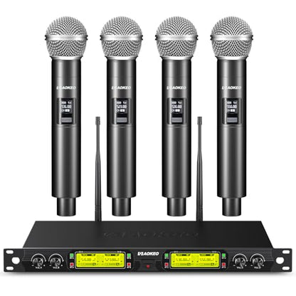 Wireless Microphones System, 4 Channel UHF Wireless Mics,with 4 Handheld Dynamic Microphones,Metal Receiver for Karaoke,Singing,Wedding,Party,Speech,Church - color: Grey