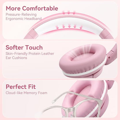 Wired Headphones with Microphone, Over Ear Lightweight Foldable 3.5mm Plug in Corded Headphones Wired with Volume Control, 4.9ft Tangle-Free Cord for Tablet Laptop MP3/4 School Travel Pink | Wired Over Ear Foldable Corded Headphones for Teens Classroom Tr