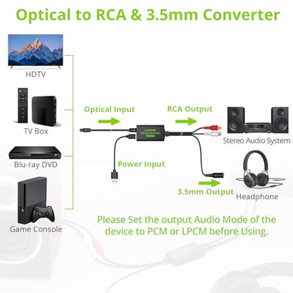 LiNKFOR 192kHz SPDIF Optical to RCA&3.5mm DAC Converter | Includes optical cable, outputs stereo audio, perfectly compatible with HDTV, Blu-ray, DVD and amplifiers - style: SPDIF to RCA+3.5mm Converter