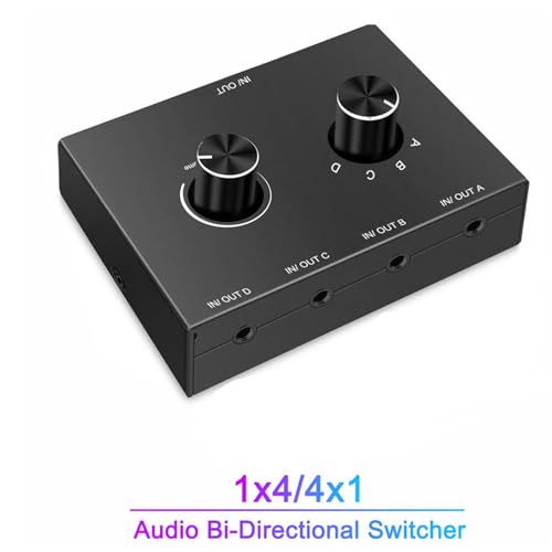 4 in 1 Out 4 Port 3.5mm Stereo Audio Switch, Bi-Directional Audio Switcher, Speaker Switch, No External Power Required