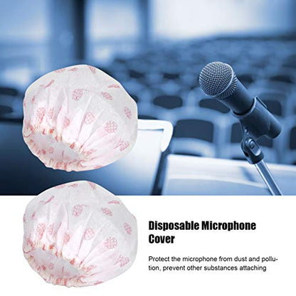 Disposable Microphone Covers 100 Pack | Non - Woven Sanitary Protection for Singing/Interviews/Stage | 50 Pairs with Elastic Band, White with Red Dot