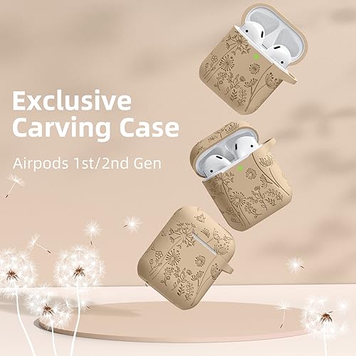 Lerobo for AirPod Case 2nd/1st Generation with Keychain | Flower Engraved Silicone Protective Cover for AirPods 2 Case, Wireless Charging, Led Visible, One-piece Design, Milk Tea - color: Milk Tea