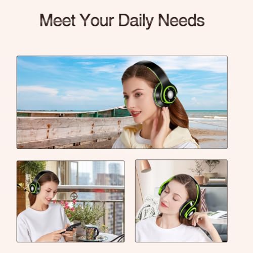 Bluetooth Headphones Over Ear, Wireless Headphones with 5 EQ Modes, 20 Hours Playtime Foldable HiFi Stereo Headset with Microphone, FM/TF for Cellphone/PC/Work/Travel/Kids/Adults/Gift (Green) - color: Green