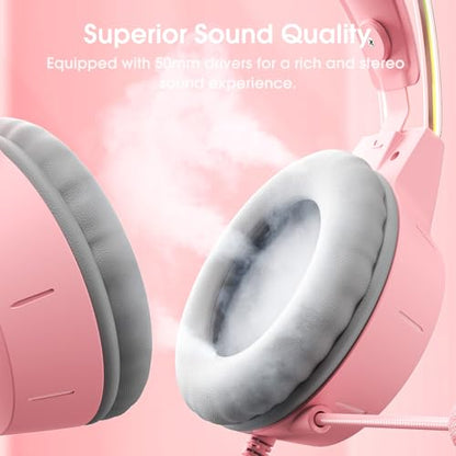 Lightweight Gaming Headset, RGB Lighting, Wired Over Ear Headphones with Mic for PC, PS4, PS5, Xbox, Switch, Stereo Surround Sound, Self-Adjusting Headband, Pink Deer Ear - color: Pink Deer Ear