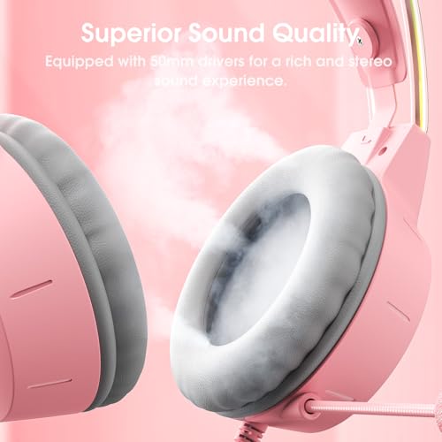 Lightweight Gaming Headset, RGB Lighting, Wired Over Ear Headphones with Mic for PC, PS4, PS5, Xbox, Switch, Stereo Surround Sound, Self-Adjusting Headband, Pink Deer Ear - color: Pink Deer Ear