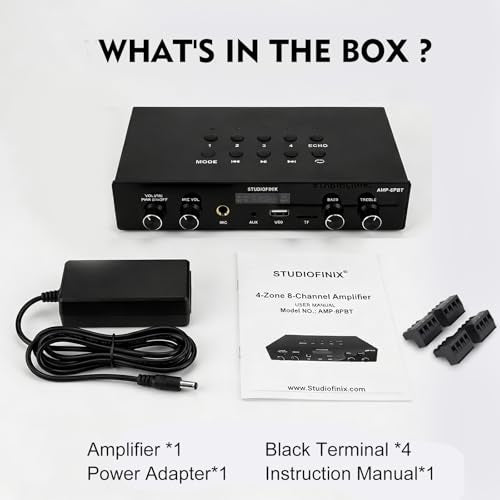 Studiofinix Bluetooth 5.4 Home Stereo Audio Amplifier Receiver, 4-Zone 8-Channel 60W x 8 Output,Optical/USB/Mic/Karaoke, Independent Zone Control, Multi-Room Audio for Home Theater and Studio
