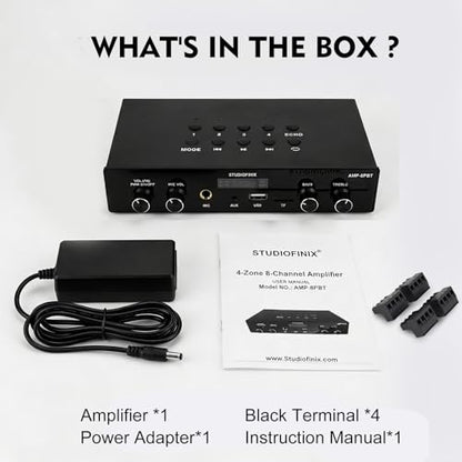 Studiofinix Bluetooth 5.4 Home Stereo Audio Amplifier Receiver, 4-Zone 8-Channel 60W x 8 Output,Optical/USB/Mic/Karaoke, Independent Zone Control, Multi-Room Audio for Home Theater and Studio