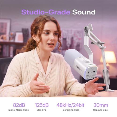 MAONO PD100W Wireless Dynamic Microphone for iPhone, Android & PC (White) | USB-C & Lightning Receivers, Noise Reduction,RGB Lighting, Software EQ, for Gaming, Streaming and Content Creation - color: White