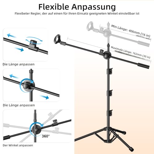 Mic Stand, 6-in-1 Microphone Stand with Floor Boom, Support Boom, Gooseneck, Mic Clips, Tablet Phone Holder, Black, Metal, Portable, Adjustable - size: Large