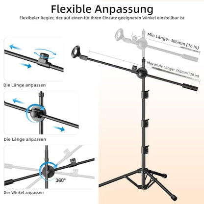Mic Stand, 6-in-1 Microphone Stand with Floor Boom, Support Boom, Gooseneck, Mic Clips, Tablet Phone Holder, Black, Metal, Portable, Adjustable - size: Large