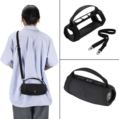 Silicone Case Cover for JBL Charge 5 Wi-Fi/Charge 5 Portable Bluetooth Speaker Protective Sleeve Skin Travel Carrying Case Replacement with Shoulder Strap Wireless Speaker Accessories(Black) - color: BLACK