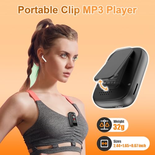 Portable Kids Mp3 Player with Clip on Back,Small Music Player with Bluetooth 5.3,Touch Screen,Biult-in Voice Record FM Radio,Micro SD Card Slot and Speaker for Outdoors Sports,Max 512GB Expand