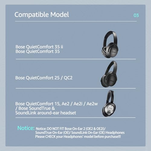 QuietComfort 35 / QC 35ii Replacement Ear Cushions for Bose Headphones, Compatible with Bose QC45 QC35 QC25 QC2 QC15 / Around-Ear 2 AE2i AE2w / SoundTrue and SoundLink Series (Black) - color: Black & Black