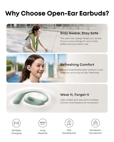 Soundcore AeroFit 2 by Anker Open Ear Earbuds, Open Ear Headphones, Earbuds | Real-Time Translation, 4 Adjustable Positions, 42H Playtime, Rich Bass, Hi-Res, IP55, AI Clear Calls, Wireless Charging - color: Minty Green, style: Standard