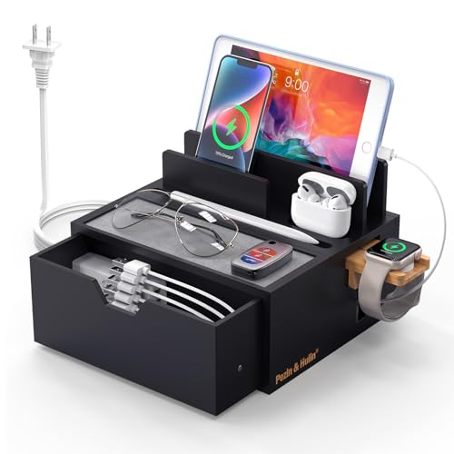 Pezin & Hulin Charging Station Dock with Charger HUB and Cables-Black | Nightstand Docking Station with Lined Tray & Drawer for Multi Device, Compatible with Tablet, Cell Phones, Watch & Earbuds - color: Black(With Charger)