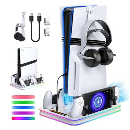 FYOUNG All in One Cooling Stand & Charger Station for PS5/Slim/Pro Console and Controller Charing Dock, Charging Stand for PlayStation Portal, Headset and Remote Holder with RGB Light Stand (White) - color: White
