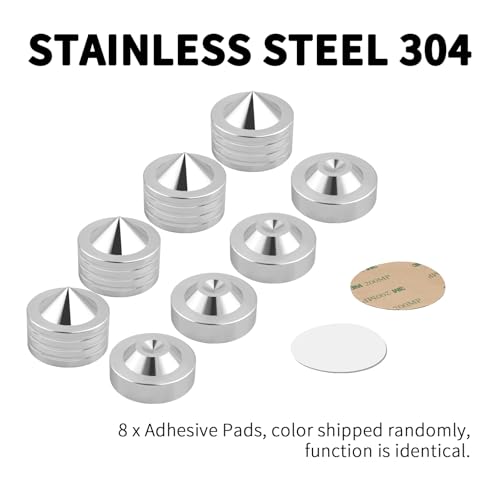 Speaker Isolation Pads 304 Stainless Steel Spikes & Isolation Feet for Subwoofer, Turntable, Bookshelf Speakers, 4 Pack with Adhesive Pads, Small - size: Small