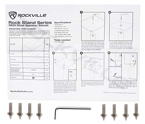 Rockville RS21B V2 Pair 21" Steel Bookshelf Speaker/Monitor Stands, Black | 60 Lb Capacity, Cable Management, EVA Pads, Brass Spikes, Rubber Feet, 9x9 Top Plate, Brass Spikes, Powder Coated - color: Black