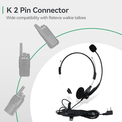 Retevis EHK013 Two Way Radio Headset, for Retevis RT22/RT21/RT68/H777/RT68H | Kevlar Cable, Coiled Cord, Compatible with Pxton, Baofeng, Kenwood Walkie Talkie, Overhead Walkie Talkie Headset, 2 Pack
