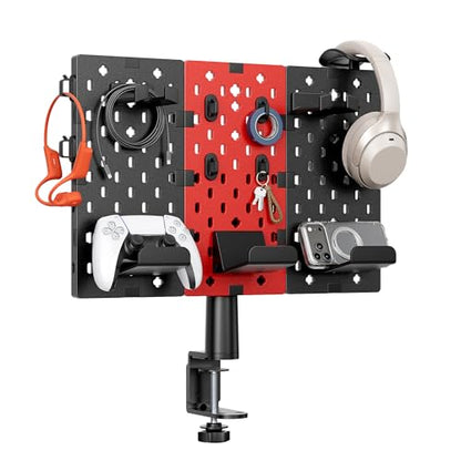 PEGZONE Modular Headphone and Controller Holder for Game, Clamp-on Pegboard, Rotatable Controller Stand with Cable Hooks, Gaming Accessory for Xbox PS5 PS4 Nintendo Switch, 3Pcs Pegboard, Red | Modular Desk Controller Stand with Cable Hooks - color: Red,